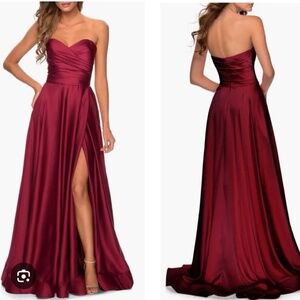 Red long, satin strapless dress